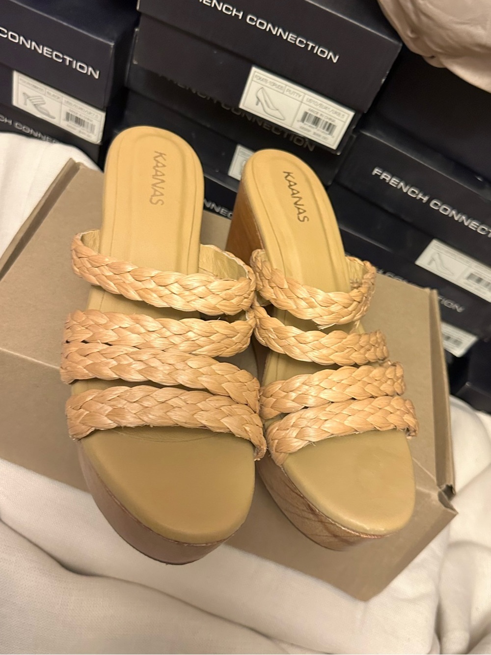 Kaanas Providencia Raffia Strappy Wood Wedges in a beige braided straw design